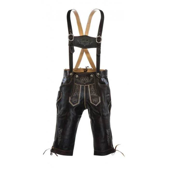 Dark leather lederhosen shorts with shoulder suspenders, embroidered panels, and laced ties