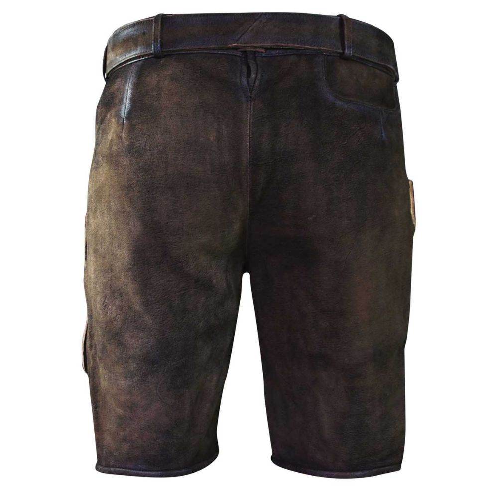 Brown leather lederhosen with back yoke, belt loops, and central fly seam