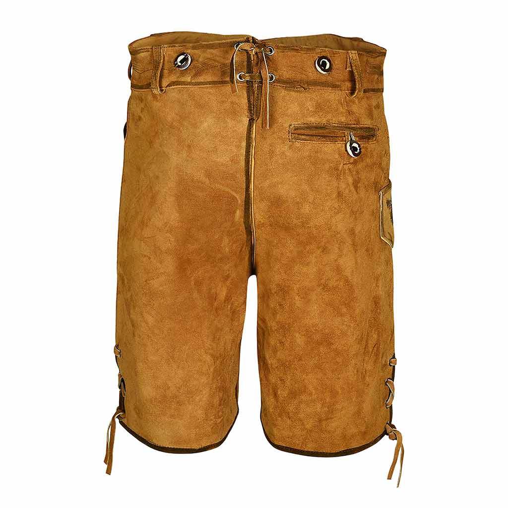 Men's short brown suede lederhosen with front zipper, patch pockets, drawstring ties
