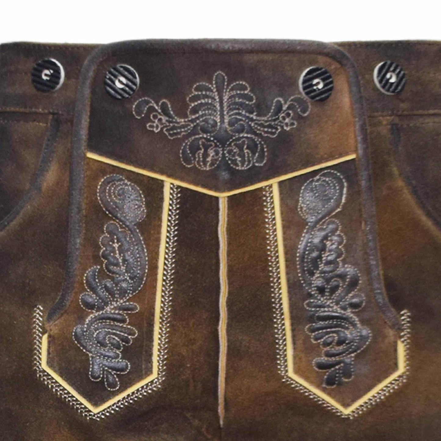 Brown traditional lederhosen with ornate deer embroidery panels and buttoned waistband