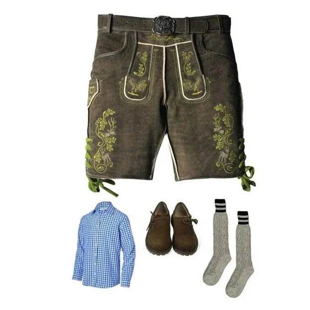 Men's traditional lederhosen set with dark shorts, check shirt, shoes and socks