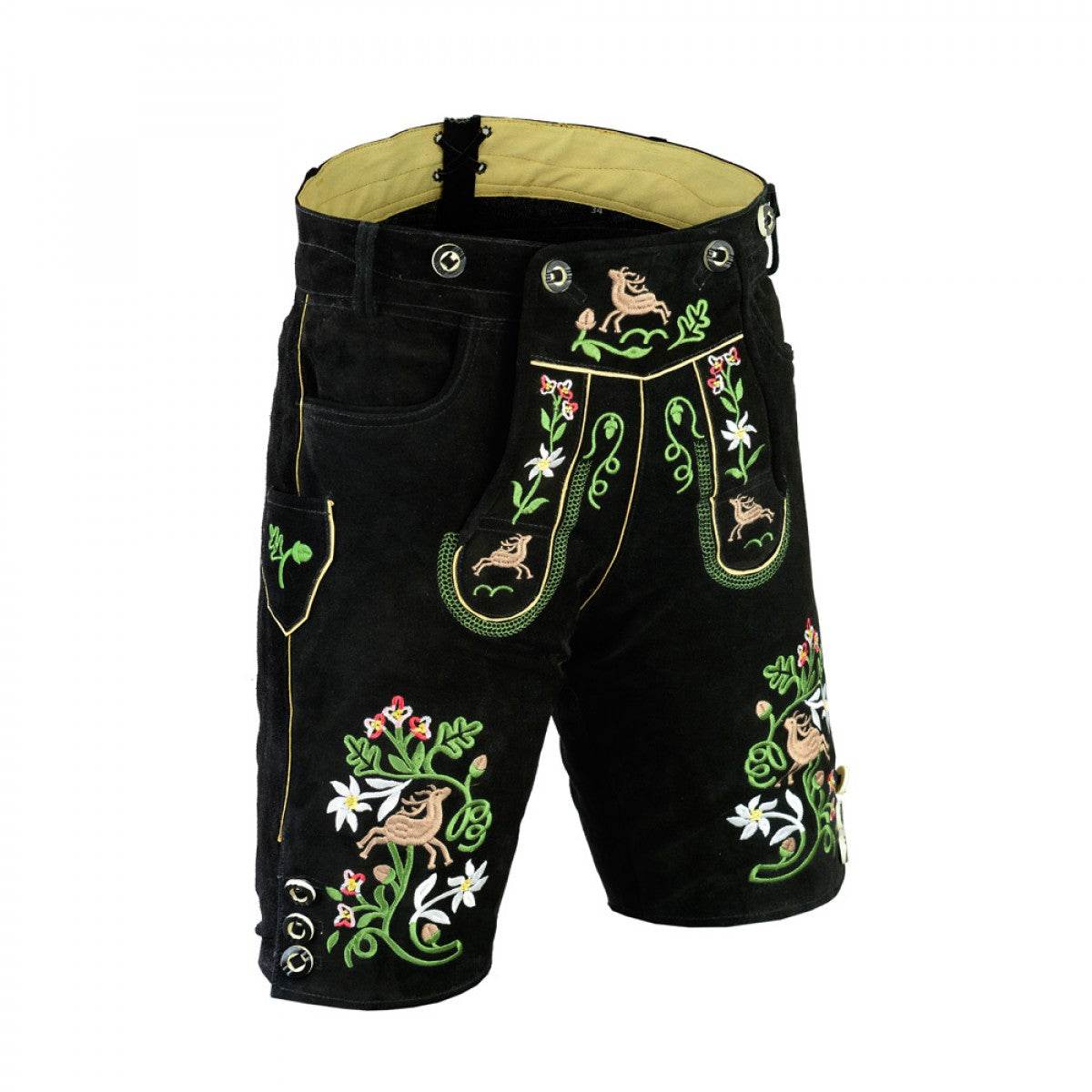 Women's black leather lederhosen with green-and-red embroidery panels and floral motifs