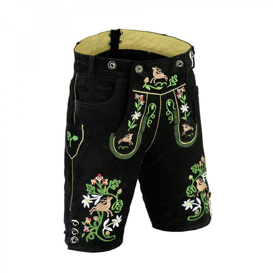 Women's black leather lederhosen with green-and-red embroidery panels and floral motifs
