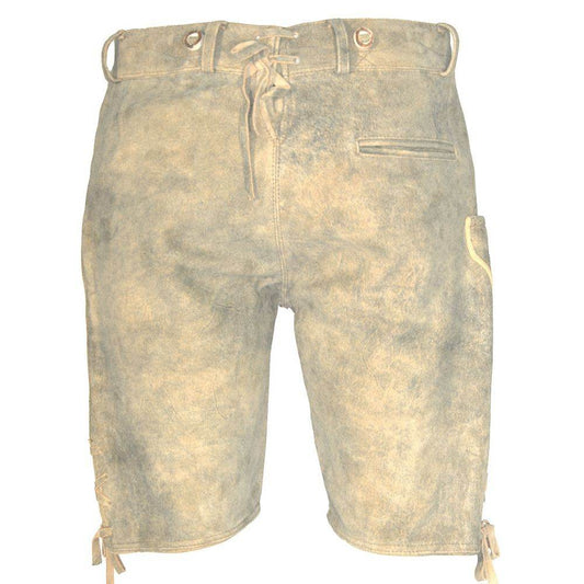 Men's tan leather lederhosen with waistband loops, front fly, and side tie strings.