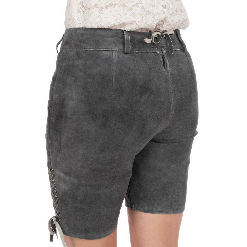 Dark gray women’s short leather lederhosen with embroidered leg panels and front lace ties