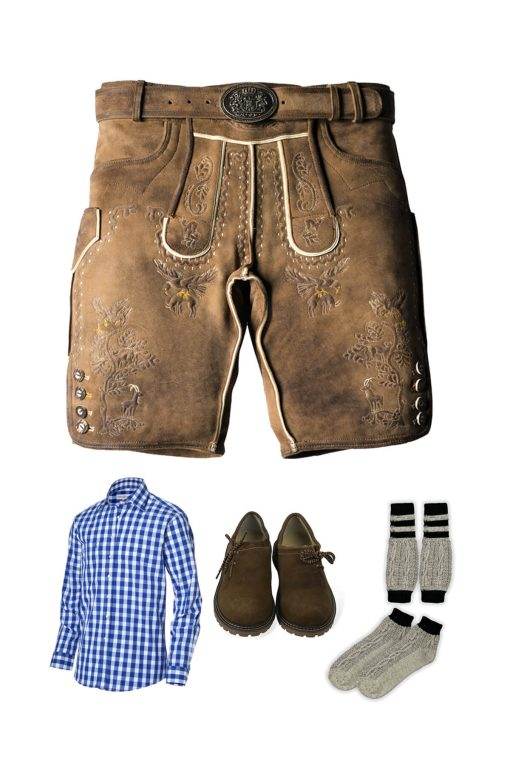 Traditional leather shorts outfit set with blue plaid shirt and striped socks, brown