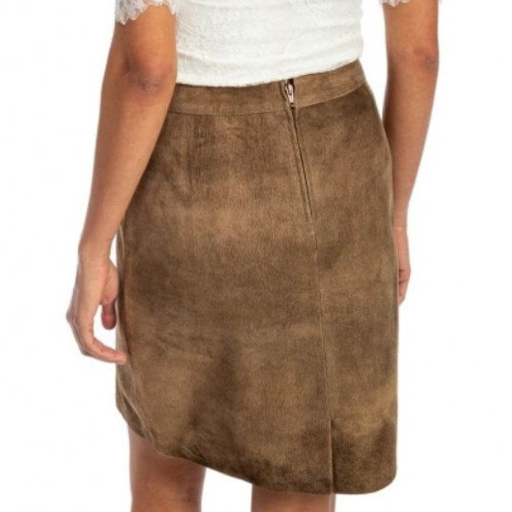 Women’s brown leather trachten skirt with front seam detail, knee-length straight cut