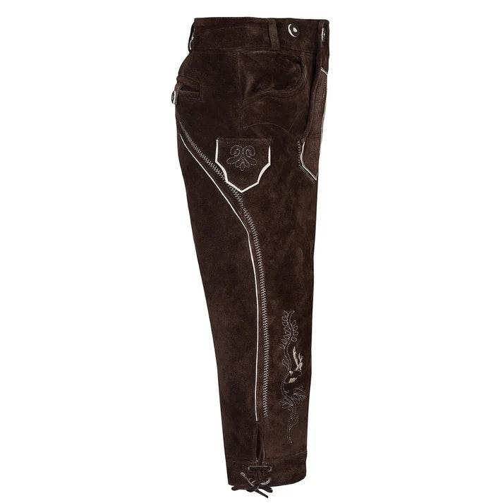 Dark brown leather lederhosen, side view with vertical zip and embroidered accents