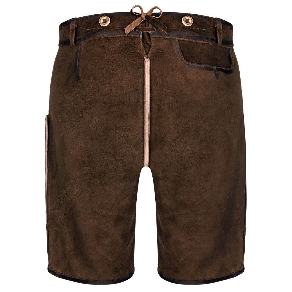 Men's brown traditional shorts with waistband buttons and two back patch pockets