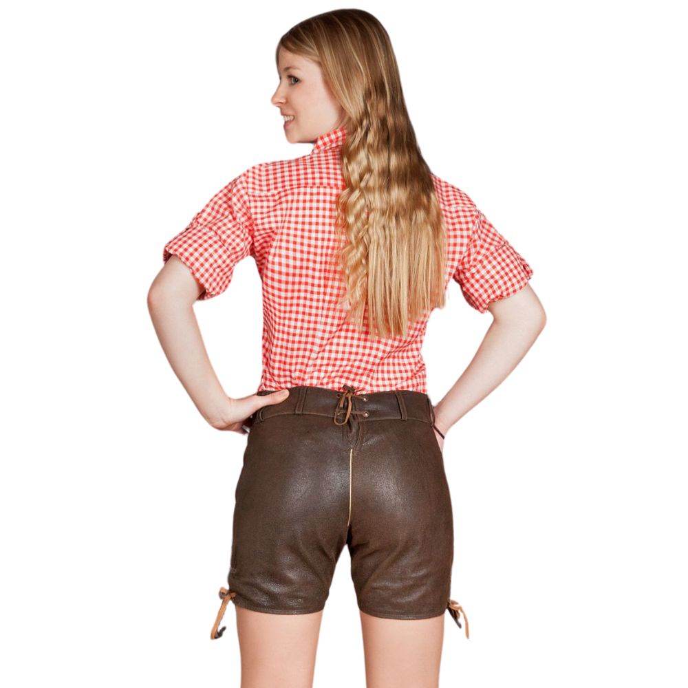 Dark brown leather short lederhosen with laced side ties, back view