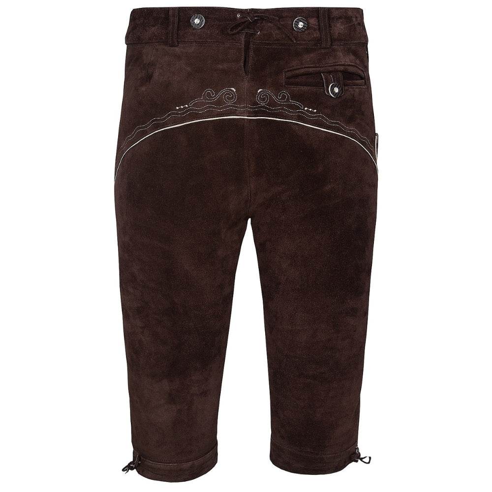 Brown suede lederhosen with curved yoke embroidery and buttoned waistband
