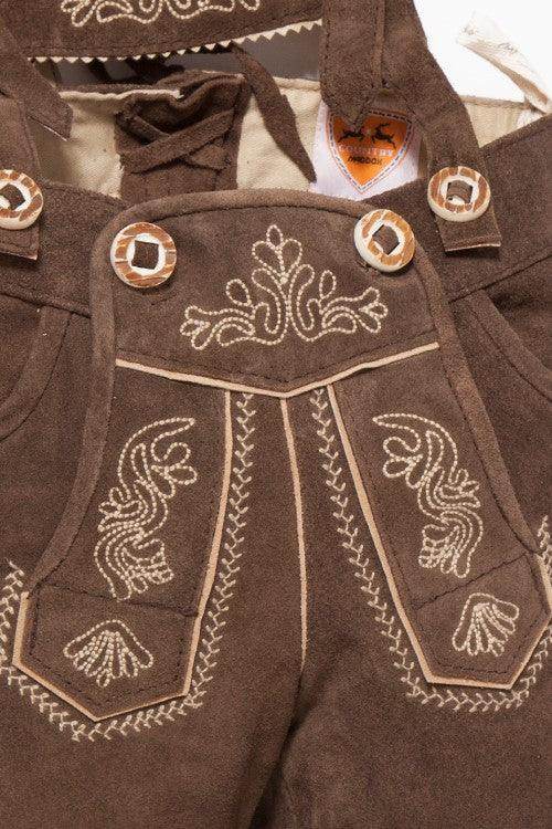 Dark brown lederhosen-style trousers with detailed white chest embroidery and metal buttons