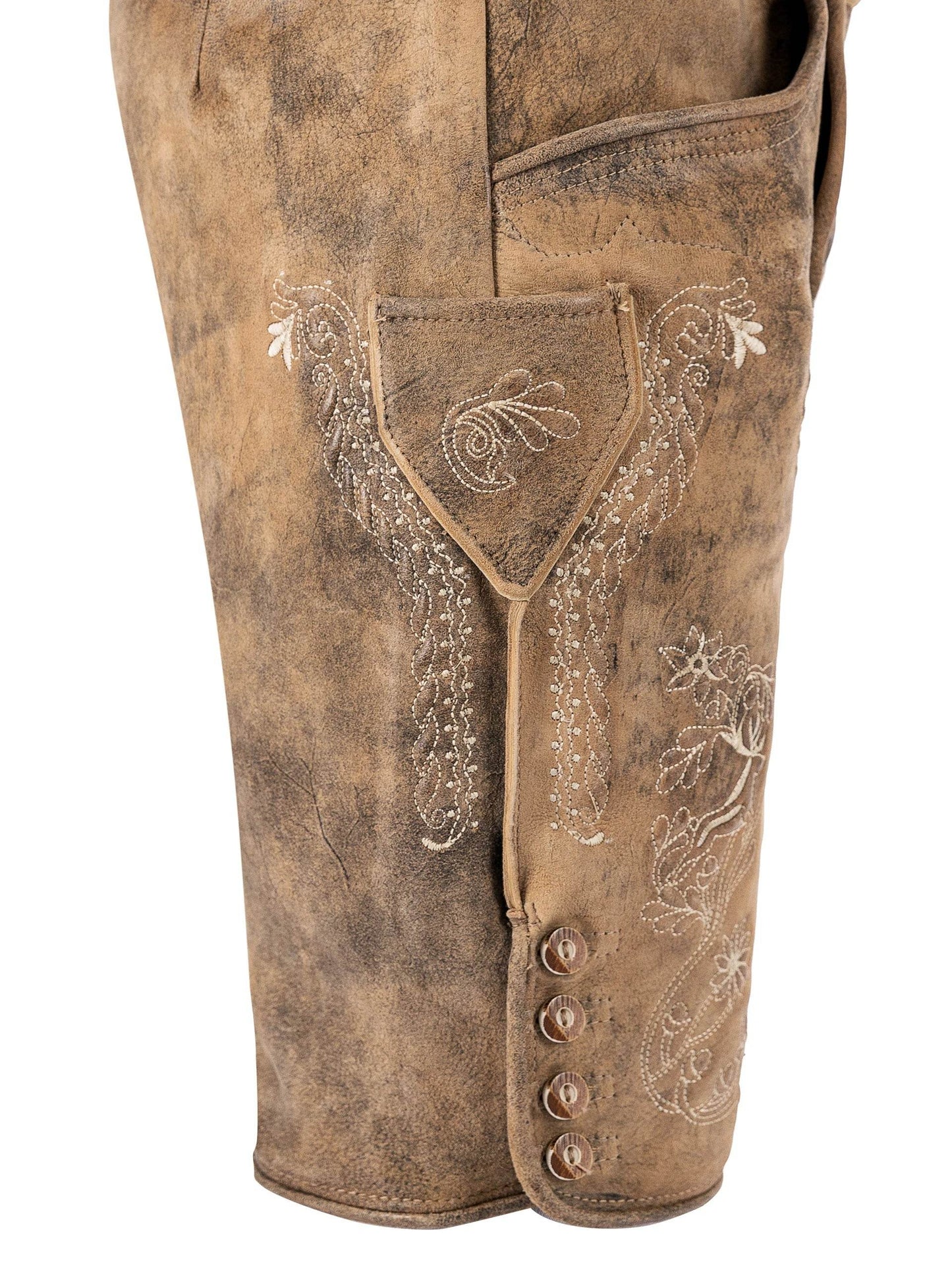 Men's tan leather lederhosen front with vertical embroidery and three-button placket