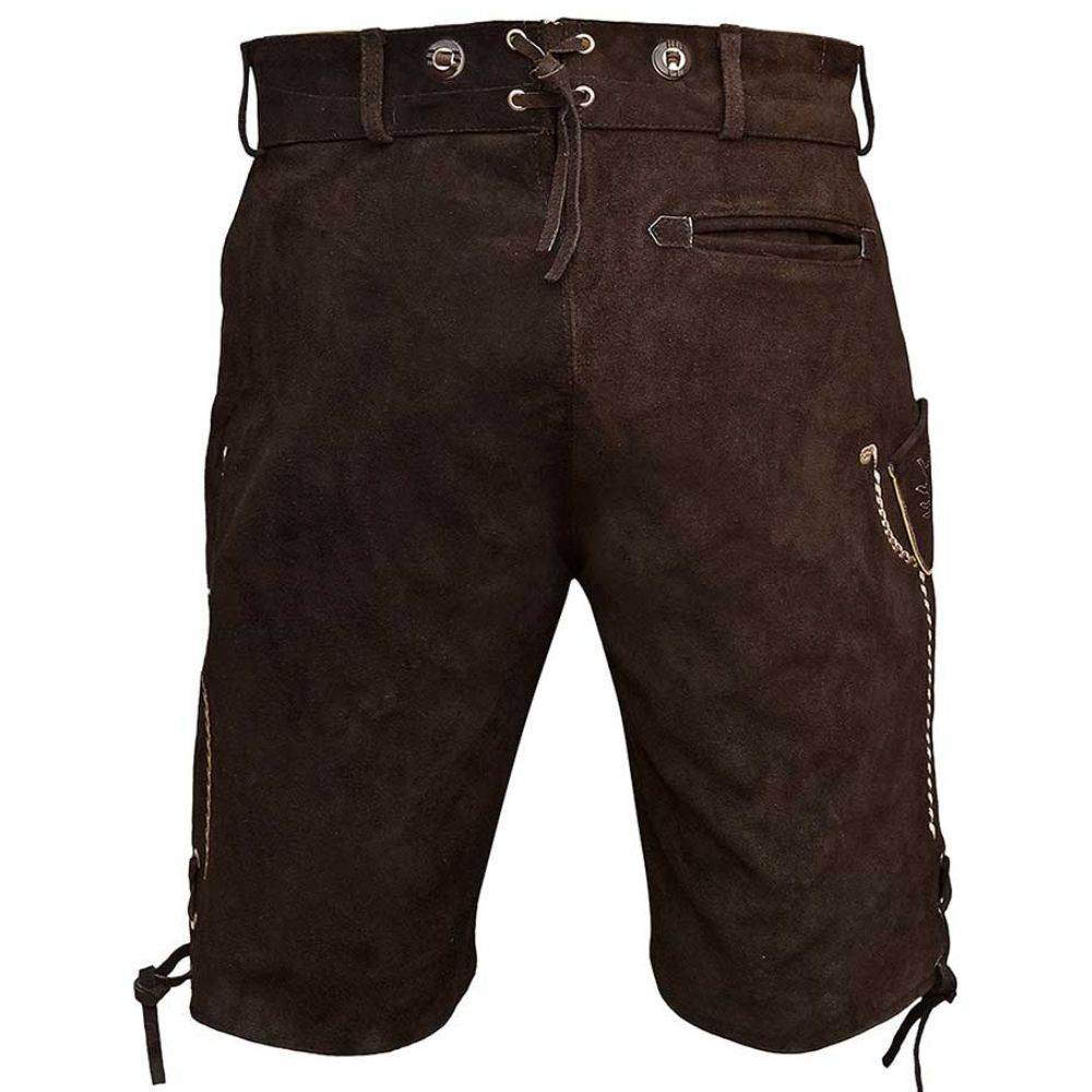 Men's dark brown Bavarian shorts with side lace ties and patch pocket