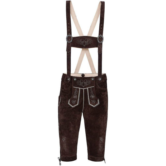 Brown suede lederhosen with dark suspenders and embroidered front detailing