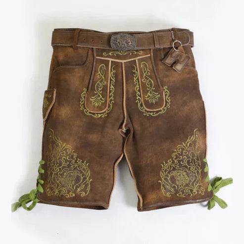 Men's brown lederhosen shorts with green-gold embroidery and green tie accents