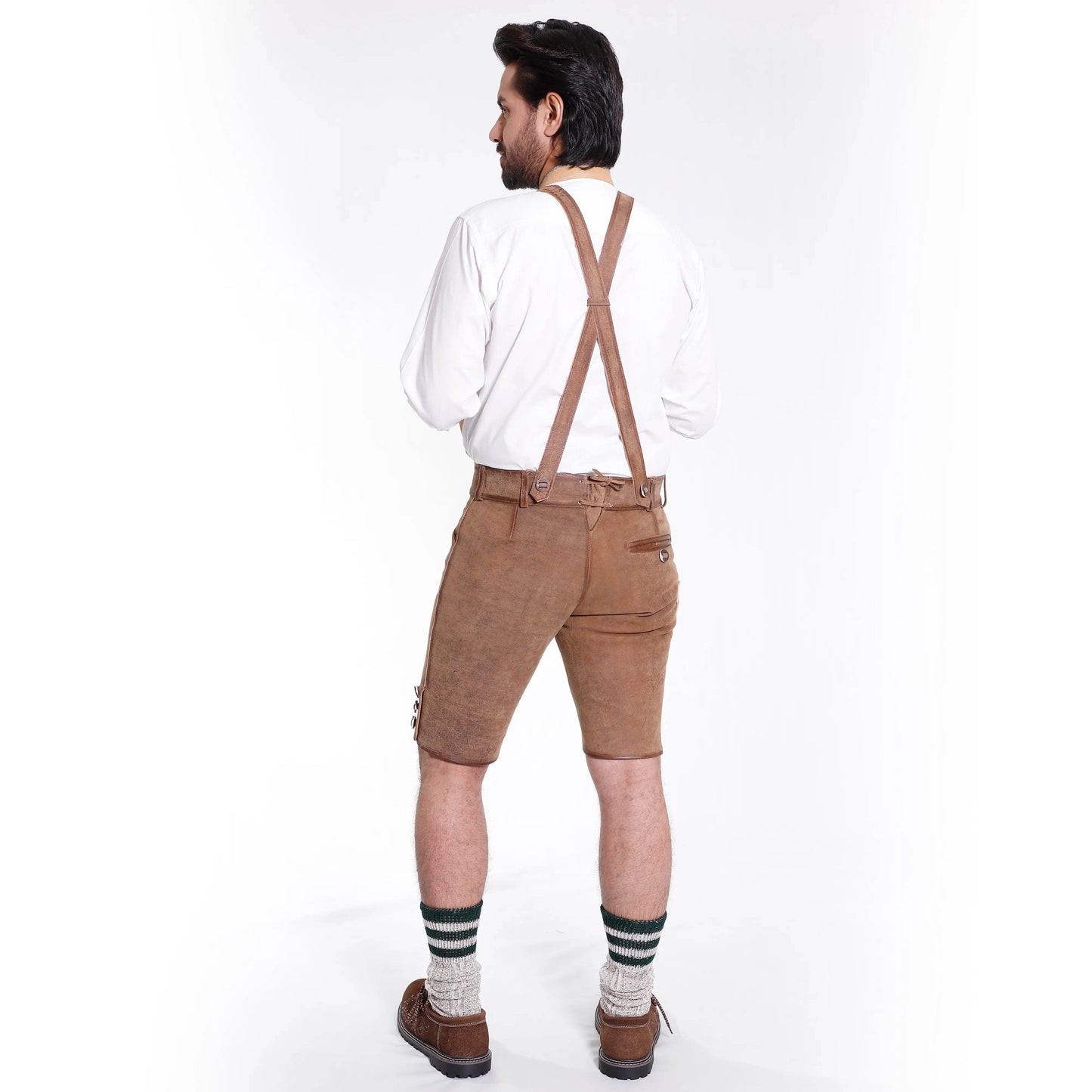 Brown short leather lederhosen with embroidered design and suspenders, back view.