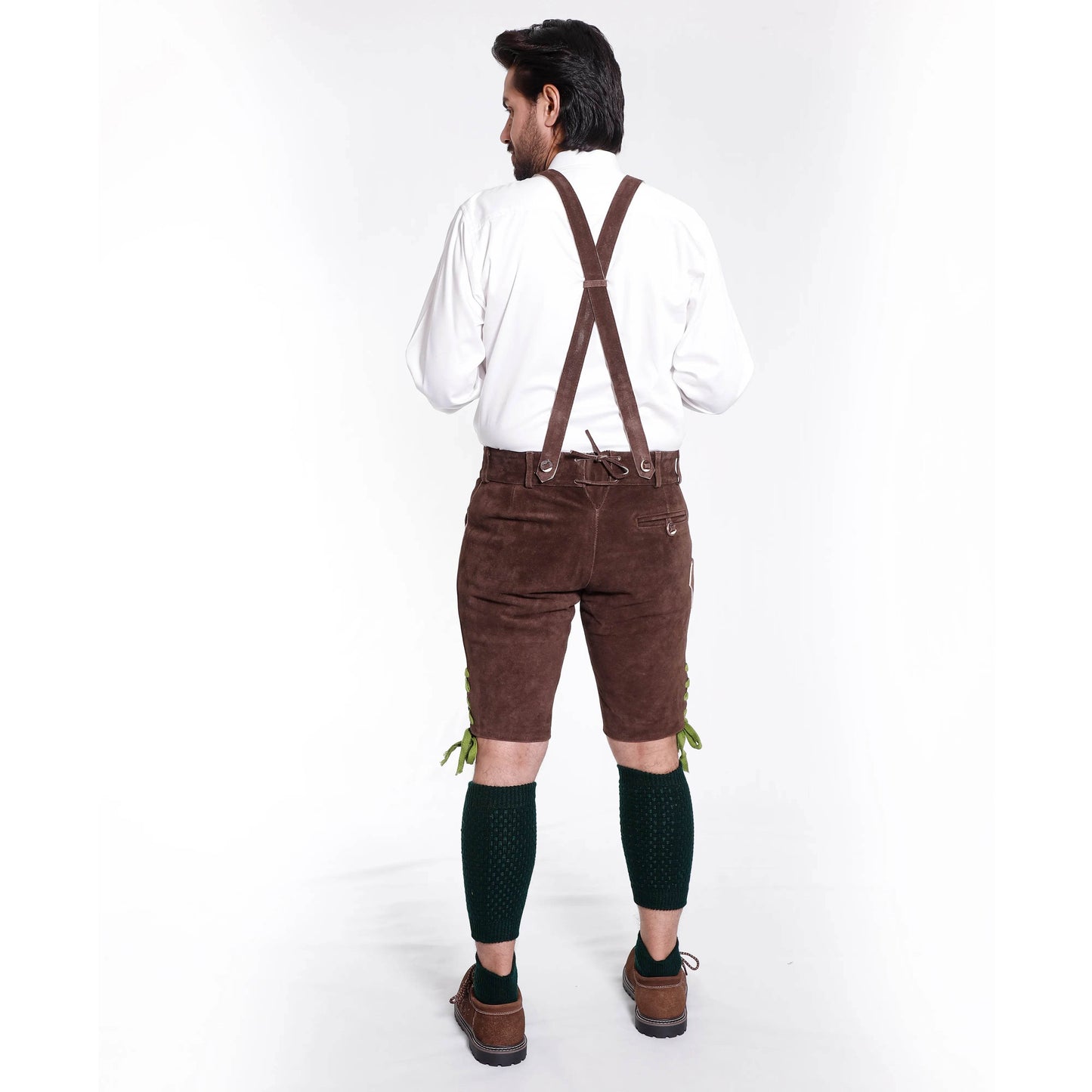 Brown lederhosen shorts with leather suspenders and green embroidered leg accents