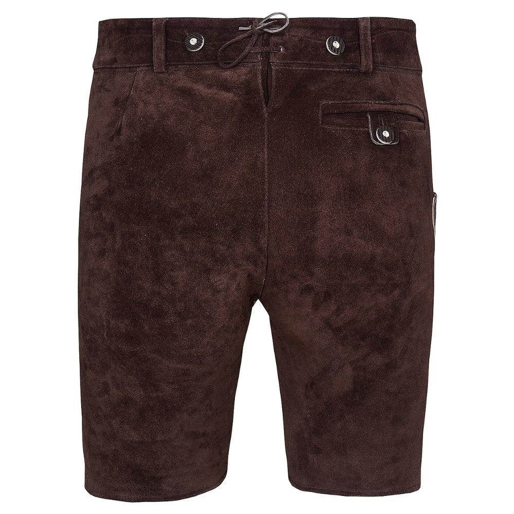 Dark brown leather shorts with belt loops, lacing tie, and front buttoned pocket