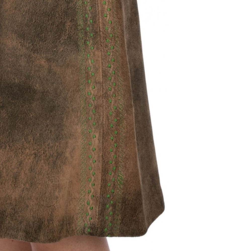 Brown suede skirt with green embroidered eyelet trim down the center front