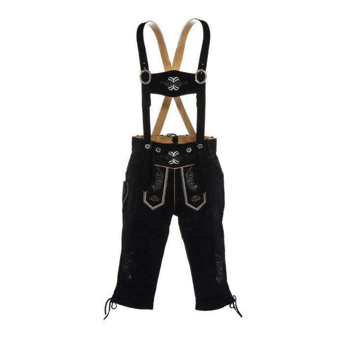 Men's dark leather lederhosen with braces, waist embroidery, and front pocket badges
