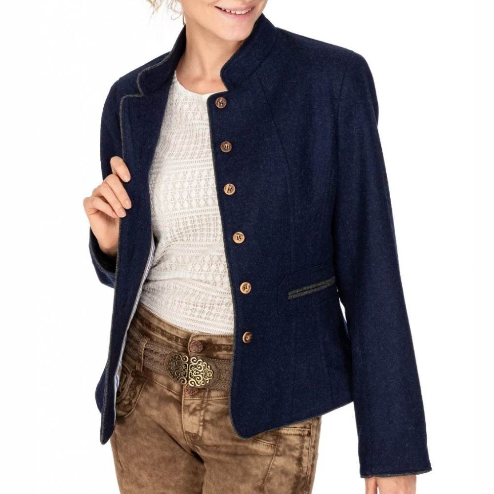 Women’s blue wool jacket with stand collar, gold buttons, and side flap pocket