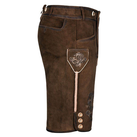 Men's brown traditional shorts with decorative shield patch and embroidered button fly