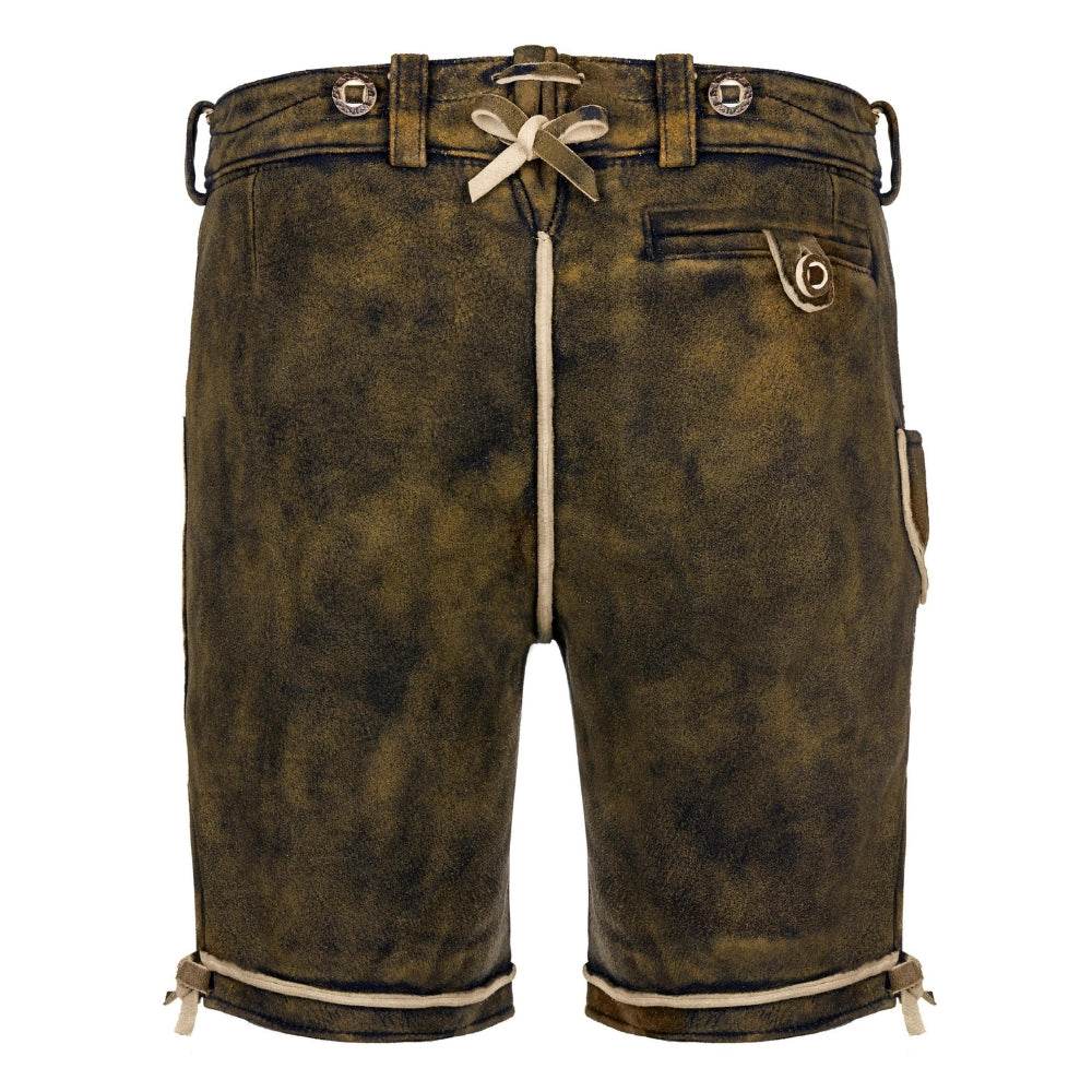 Brown leather shorts with waistband, belt loops, and front lace-up ribbon tie