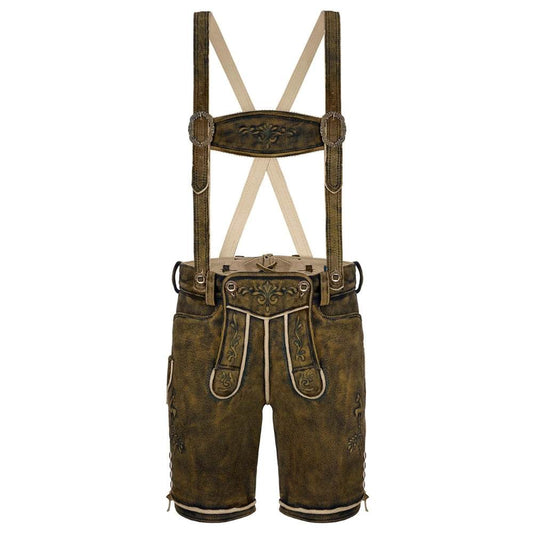 Men's dark brown leather shorts with cross suspenders and embroidered front pouch