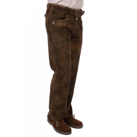 Brown leather lederhosen, side view, belt loops and thigh pocket detail