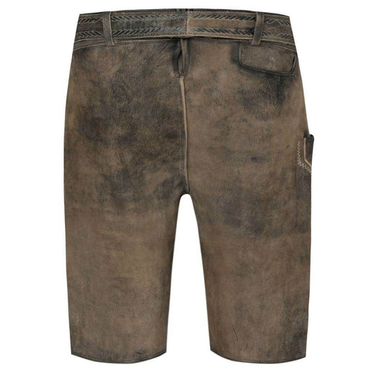 Mens brown traditional leather shorts, side pocket and embroidered detailing