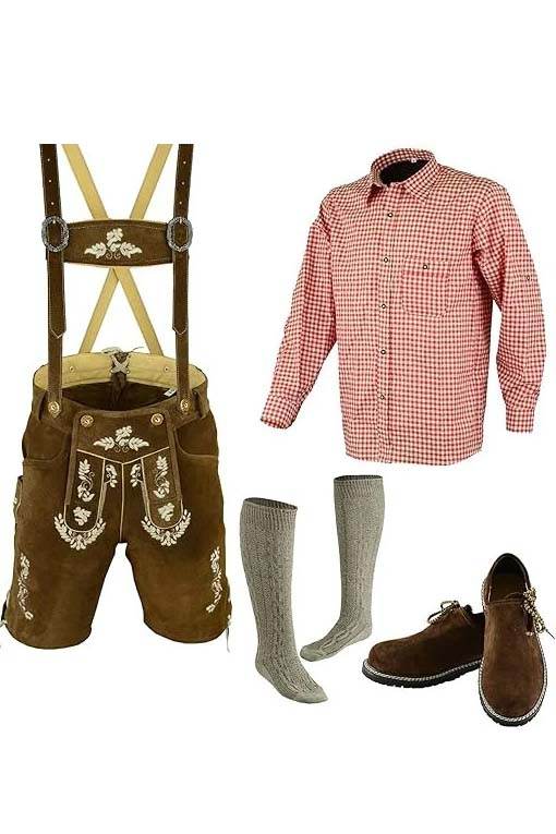 Traditional Bavarian outfit set: brown lederhosen, red check shirt, gray socks, brown shoes