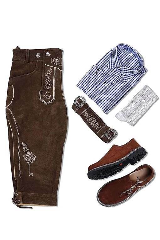 Men's brown embroidered lederhosen with blue check shirt, brown shoes, belt and socks