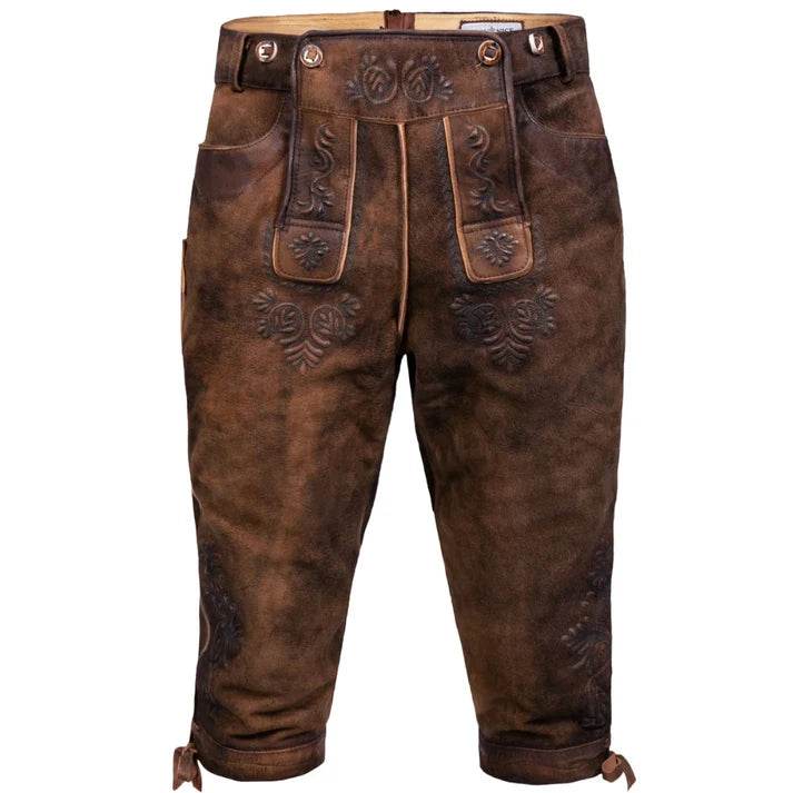 Men's brown leather knee-breeches with traditional embroidery and button waistband