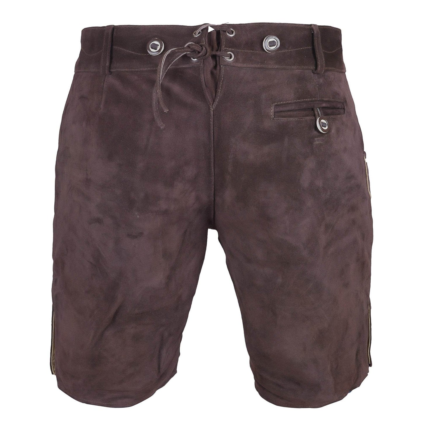 Dark brown suede leather shorts with front lacing and two side pockets
