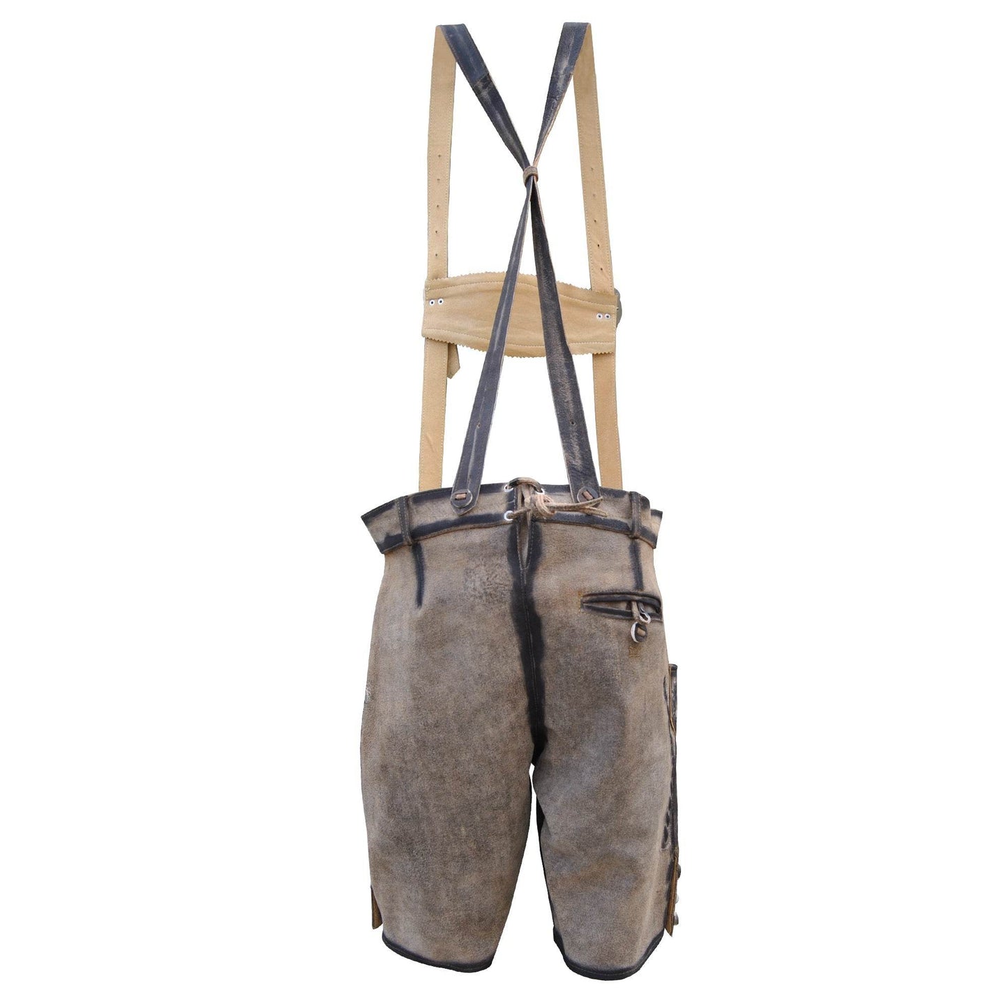 Men's lederhosen with suspenders, brown, side view with pocket flap and strap details