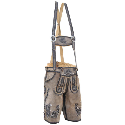 Men's lederhosen with suspenders, brown suede look, detailed pockets and dark leg motifs