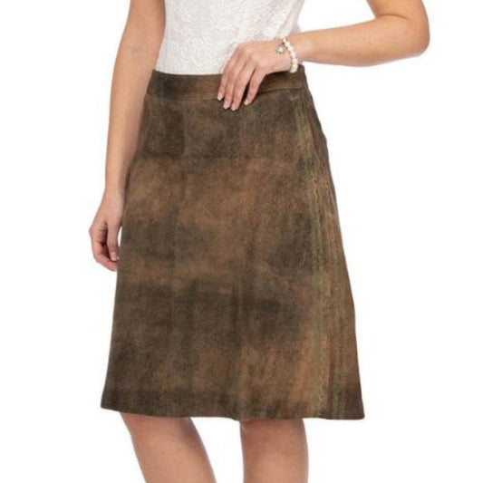 Women’s suede lederhosen-style skirt, brown A-line mid-length with center seam