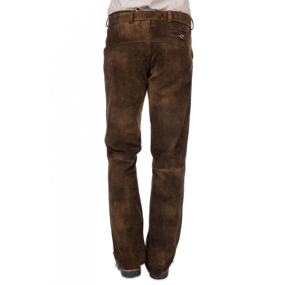 Brown leather lederhosen with belt, back pockets, straight trouser legs, button closure