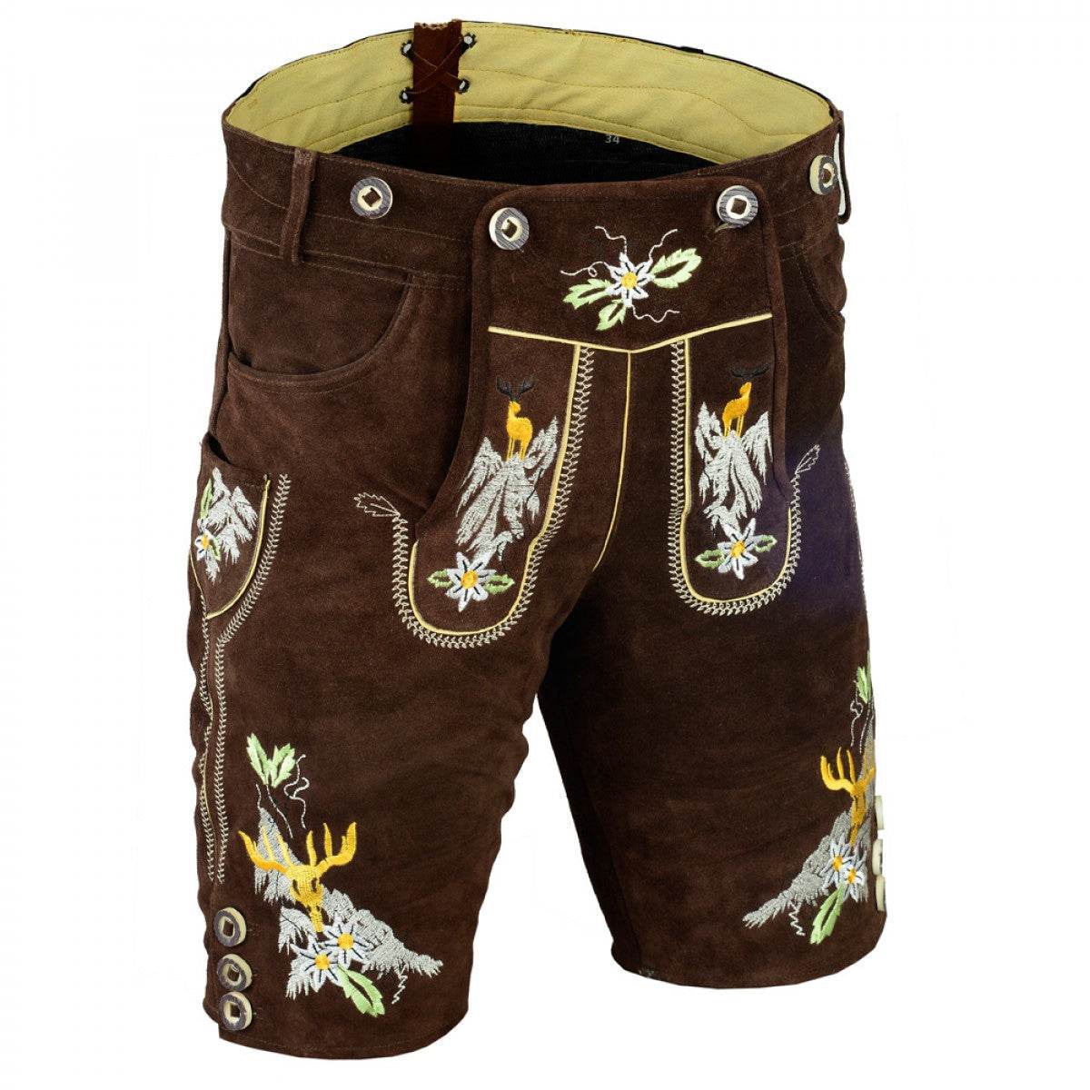 Brown leather lederhosen shorts with two front panels, floral embroidery and belt straps