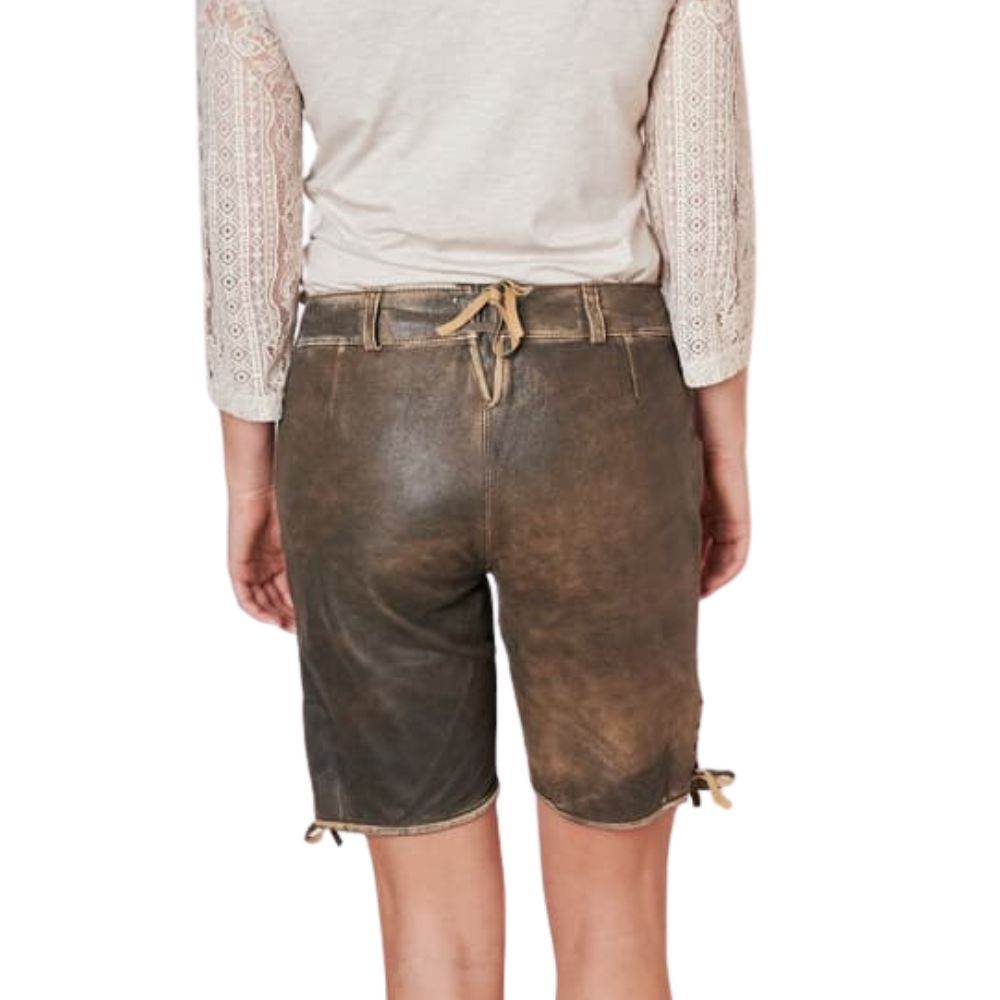 Dark brown leather shorts back view with belt loops and tie waist