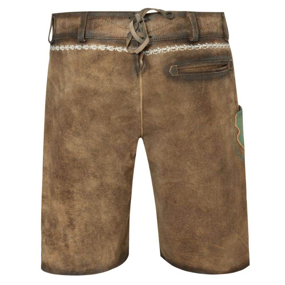Men's brown leather lederhosen with laced waistband, side pocket, and contrast trim stitching