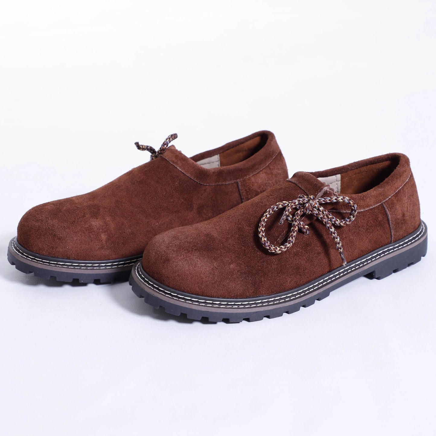 Men's Bavarian-style leather traditional shoes, brown suede with braided lace ties