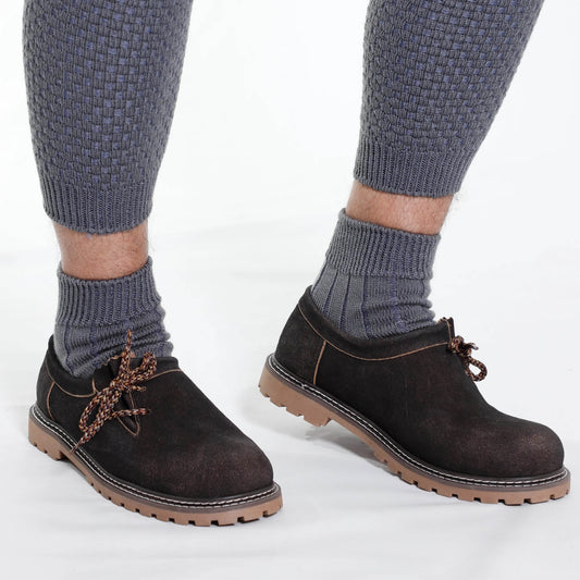 Men's dark suede lace-up shoes with rope laces and thick rubber sole, with socks