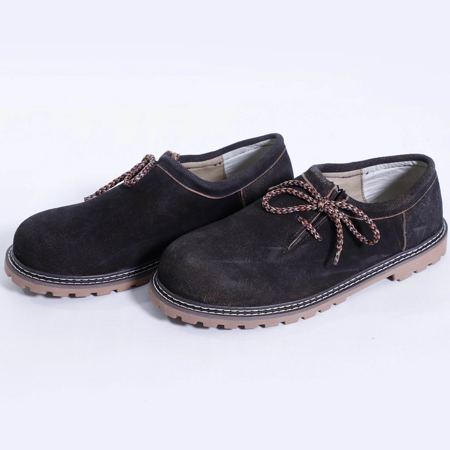 Men's dark suede lace-up shoes with rope laces and cushioned light insole