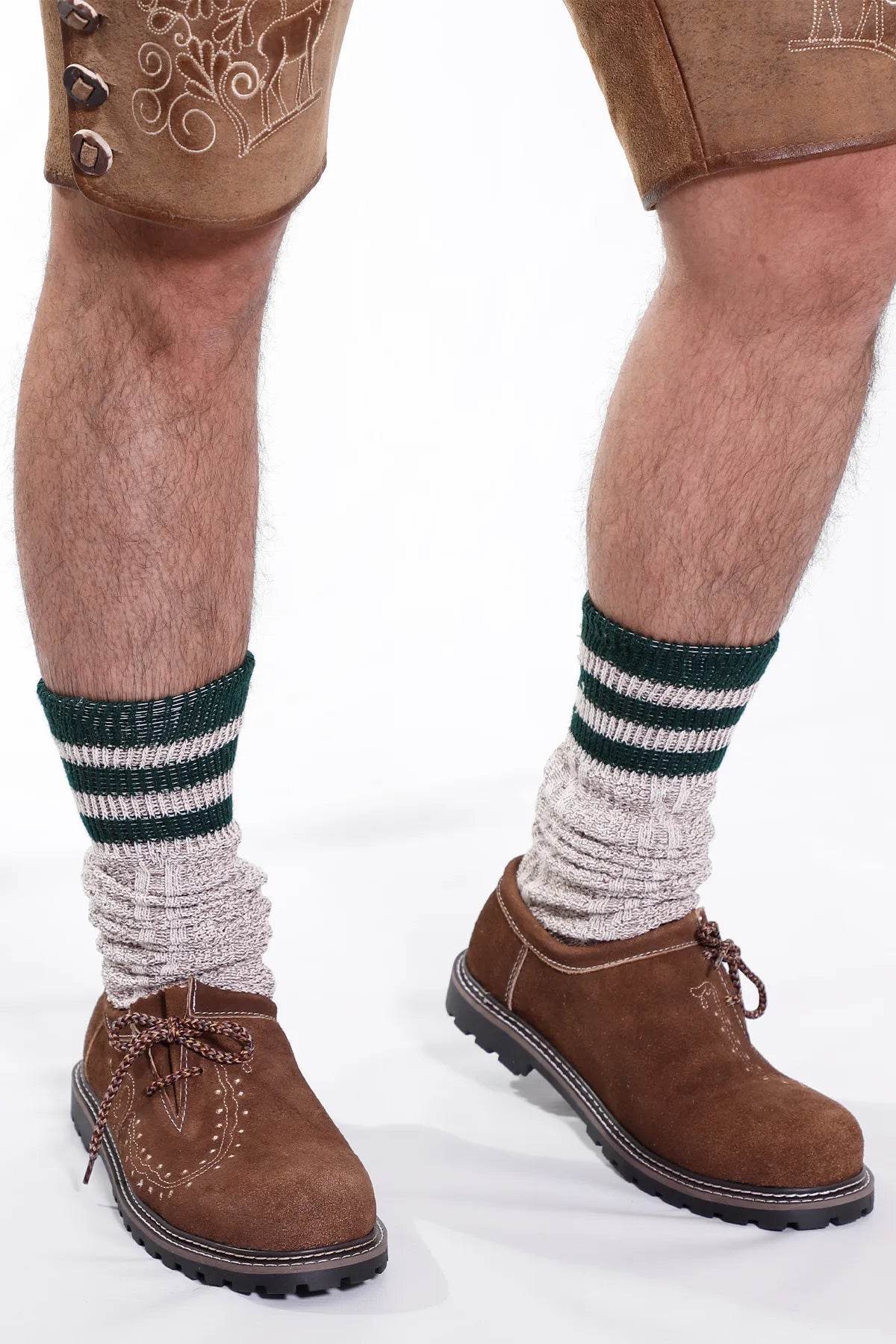 Light gray knit socks with dark green ribbed stripe bands at the ankle