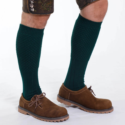 Classic dark green ribbed mid-calf socks, worn with brown shoes
