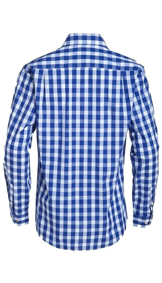 Men's Oktoberfest check shirt, blue-and-white long-sleeve button-up with Kent collar, back