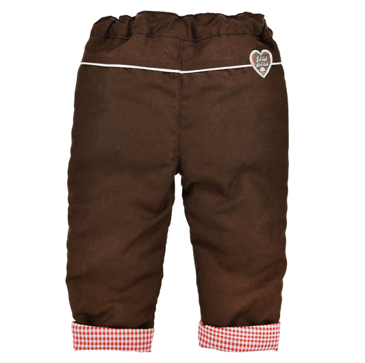 Brown faux leather baby lederhosen back with white trim, badge patch, and red gingham cuffs