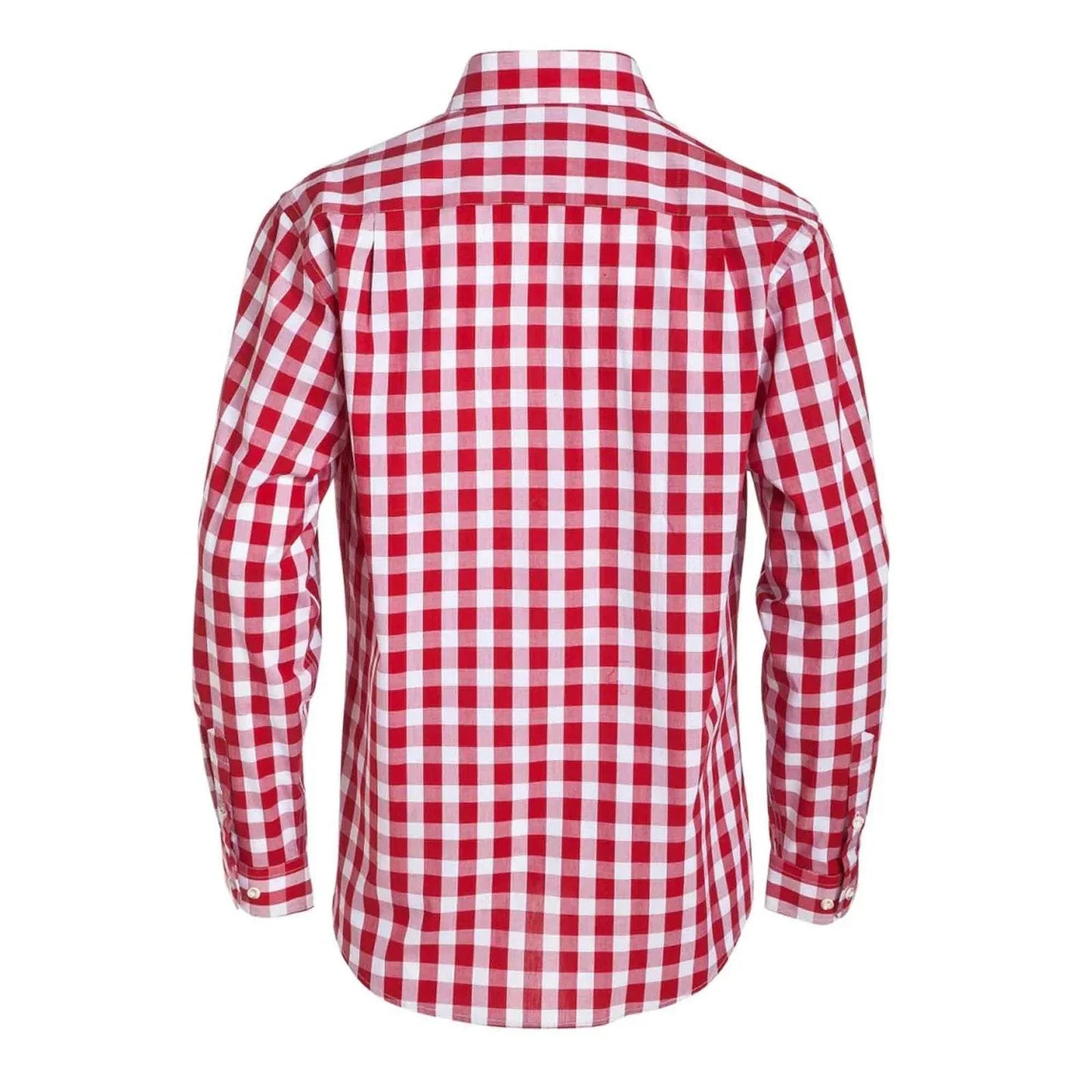 Men's red-and-white checkered button-up shirt, long sleeves, back view